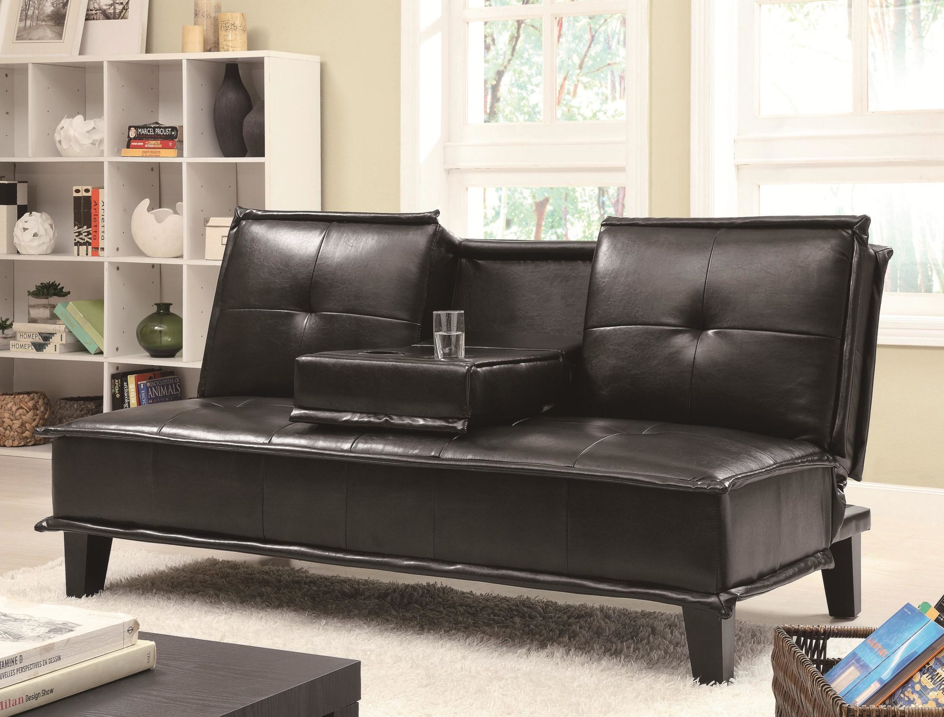 Contemporary Black Leatherette Sofa Bed With Drop Down Table