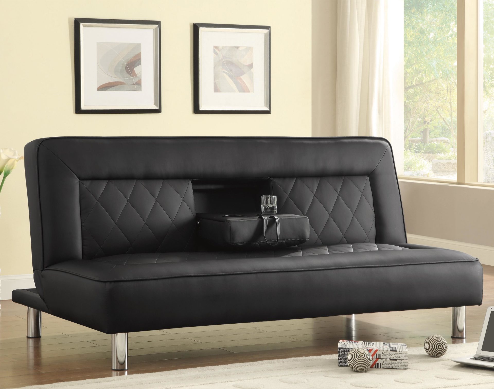 Futon Sofa Bed In Black Leatherette With Drop Console Cup Holders Futon Sofa Bed In Black Leatherette With Drop Console Cup Holders